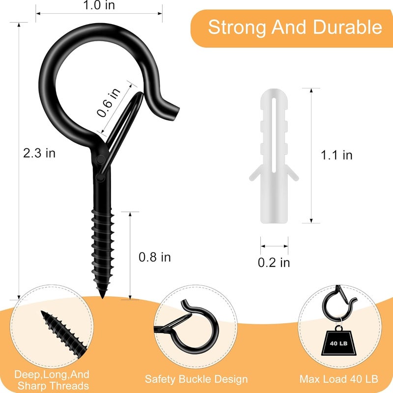 KULOLO Black Screw Hooks with Safety Lock 2.3" Rustproof Metal Ceiling Hooks for Hanging Plants, Baskets,String Lights & Outdoor Decor, 40LB Capacity (50, Black) - Image 4